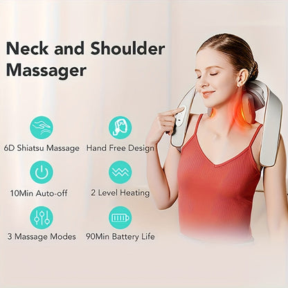 Neck Massager with Heat, 6D Shiatsu Cordless Deep Kneading Electric Massager for Neck, Shoulder, Back & Waist