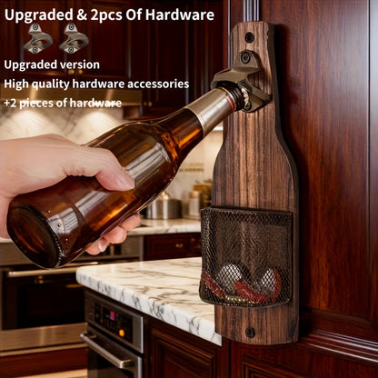 Wooden Bottle Opener Wall Mounted with Metal Cap Catcher – Handcrafted Rustic Beer Opener, Freestanding or Wall Mount, Holiday Gift for Men