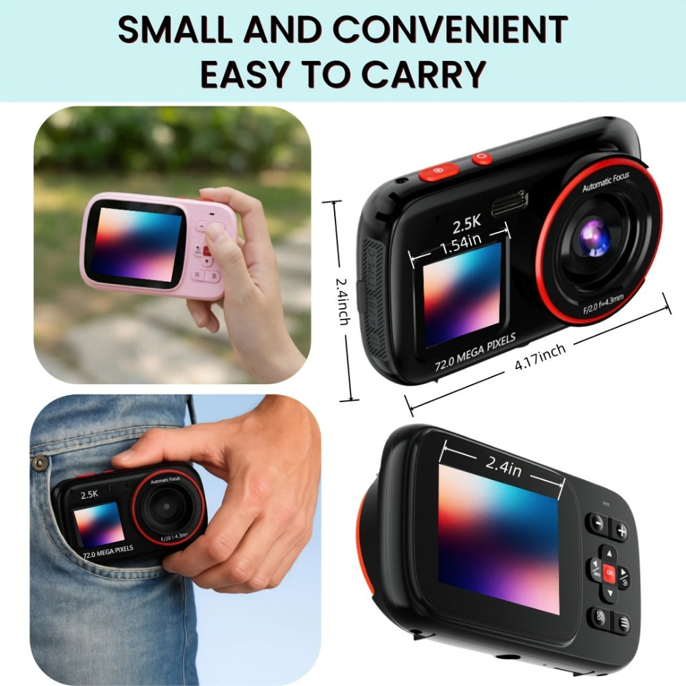 Digital Camera 2.5K Dual-Screen Compact with 72MP Capture Marking, Autofocus, Included 32GB Card and Four Colors