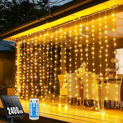 Solar Curtain String Lights, 3 x 3 Meters with 300 LEDs, Remote Control and One- or Two-Pack Options