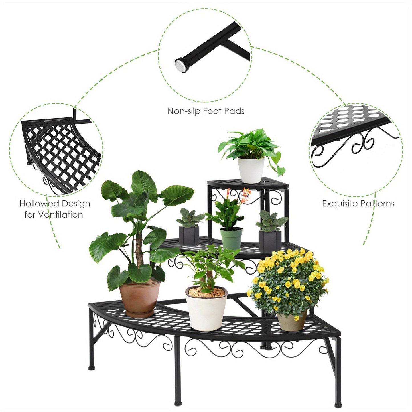 Three-Tier Black Metal Corner Plant Stand with Fan-Shaped Shelves, Scrollwork and Non-Slip Feet