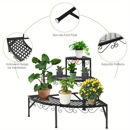 Three-Tier Black Metal Corner Plant Stand with Fan-Shaped Shelves, Scrollwork and Non-Slip Feet