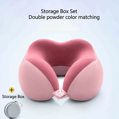Rollable Memory Foam Travel Neck Pillow with Round Storage Case in Beige, Black or Pink-and-Gray Color Block