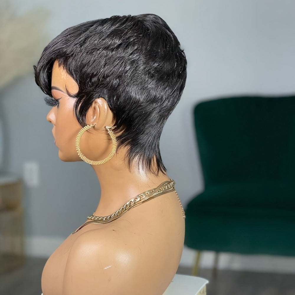 Synthetic Wig 4-Inch Layered Pixie with Bangs, Black-Blonde Look and Rose Net Cap for Daily Style