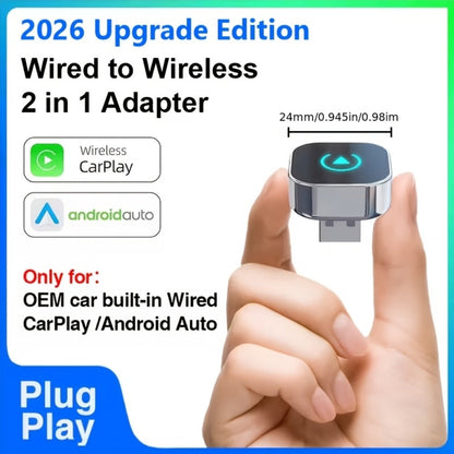 Wireless CarPlay Adapter 2-in-1 for iPhone & Android Auto, Mini USB-C Dongle, Convert Wired to Wireless, Plug & Play, Auto Connect