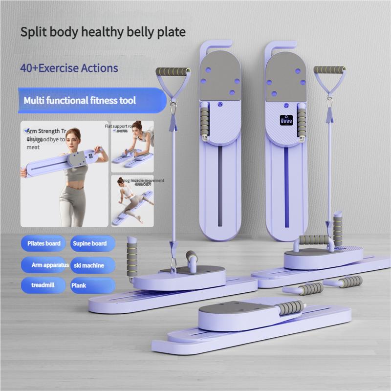 Purple or Blue Compact Pilates Board Trainer with Sliding Base, Display Panel and Resistance Handles