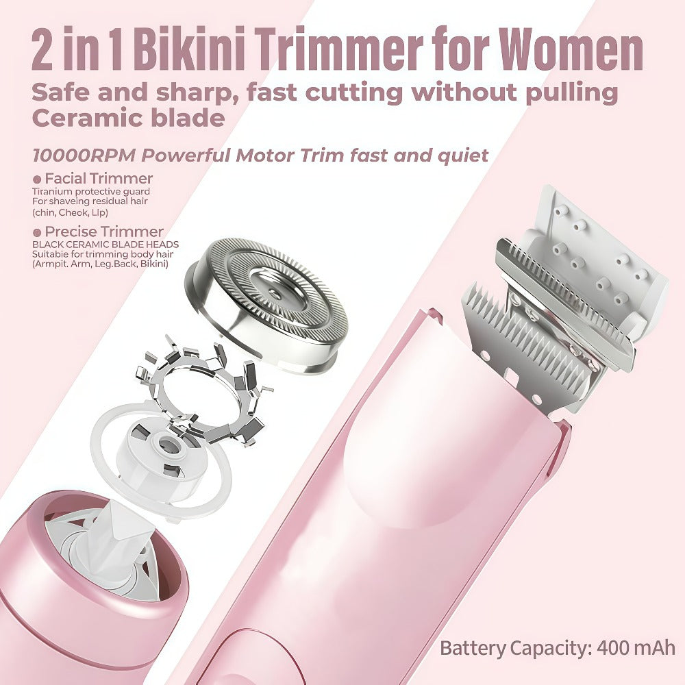 Bikini Trimmer for Women 2-in-1 Dual Head IPX7 Waterproof Electric Shaver Body Hair Trimmer Facial Hair Remover Bikini Underarm Leg Arm Face