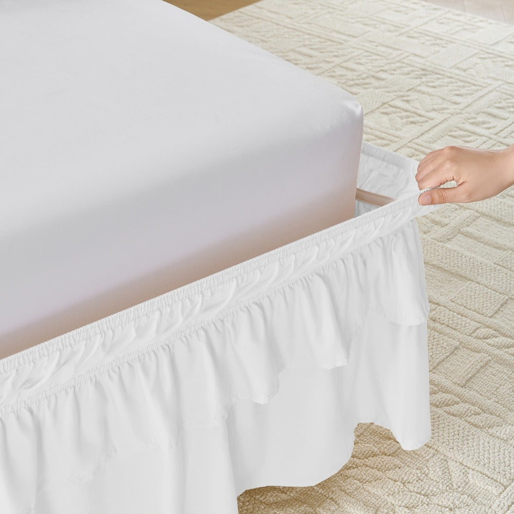 Double Ruffle Bed Skirt 16" Drop, Elastic Wrap Around Dust Ruffle for Twin Full Queen King Bed, Easy Install Linen Poly Blend Bedskirt