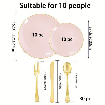 Disposable Plastic Plates Set 50 Piece – Pink Gold Rim Party Tableware with Dinner Plates, Dessert Plates & Utensils for Birthday Wedding