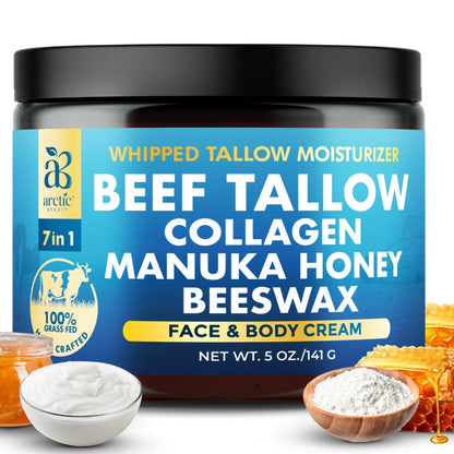 Whipped Beef Tallow Moisturizer – Organic Grass-Fed Face & Body Cream with Manuka Honey, Jojoba Oil, Collagen & Aloe Vera