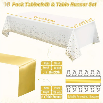Disposable Tablecloth & Table Runner Set 10 Pack White Gold – Plastic Party Table Covers for Wedding Birthday Graduation Anniversary Baby