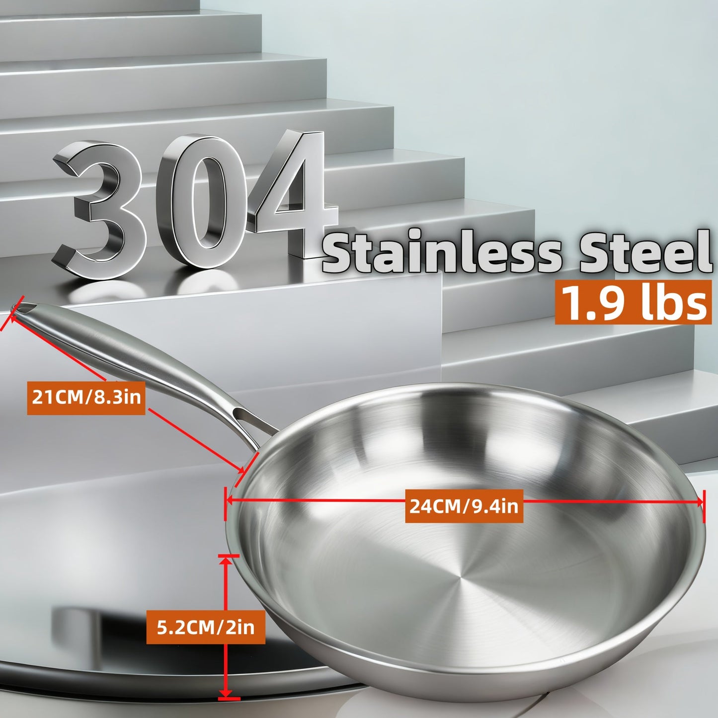 304 Stainless Steel Frying Pan Skillet – 3-Ply Base Even Heat Distribution, Induction & Gas Compatible, Rivet-Free Interior