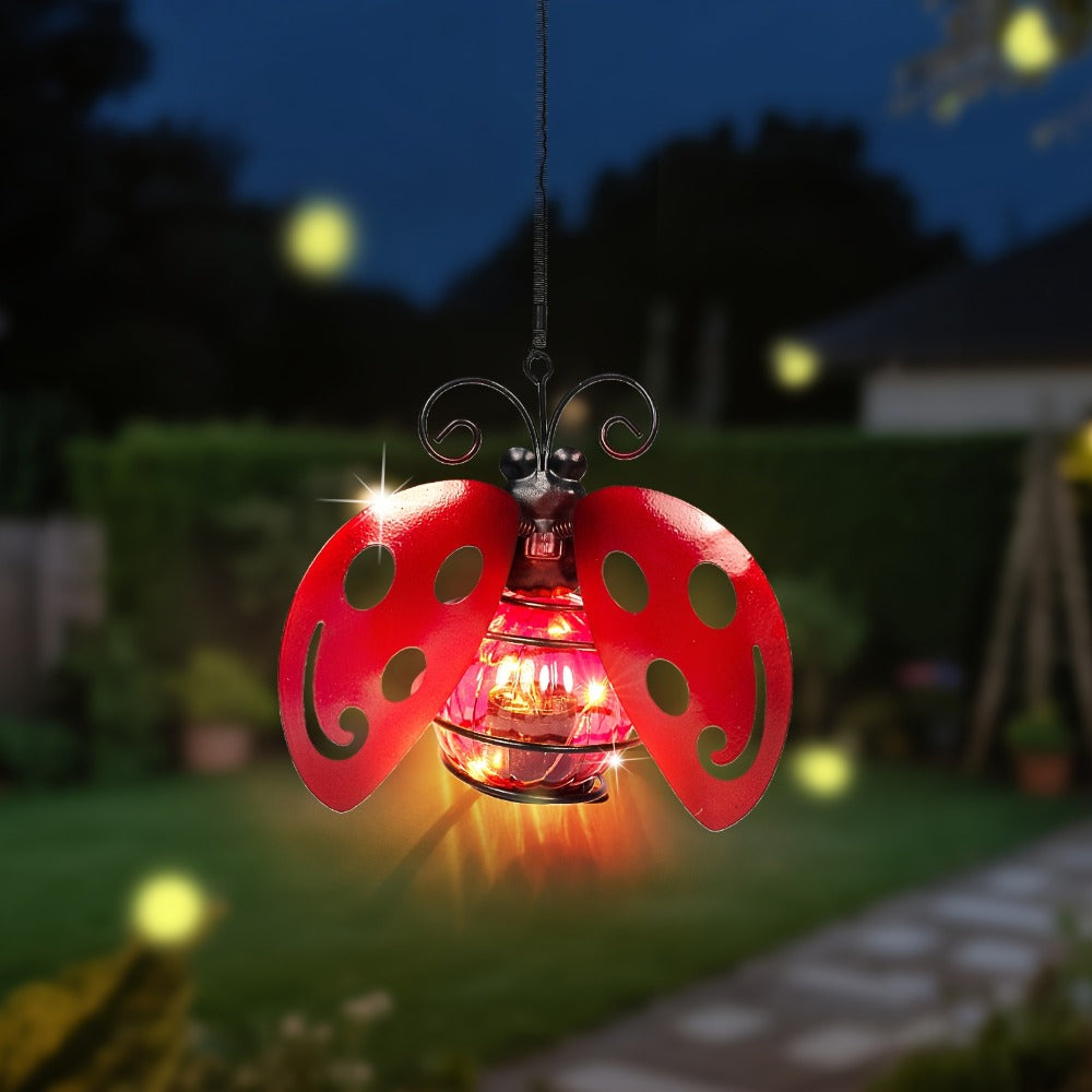 Solar Hanging Ornament Lights Ladybug & Butterfly, Indoor Outdoor Decorative Garden Light with Spring Clips for Patio