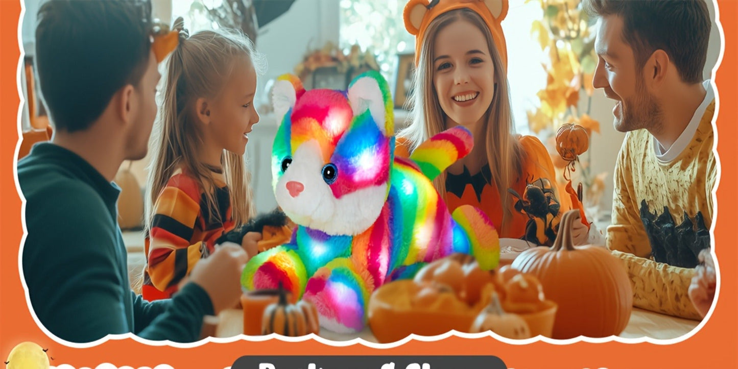 Plush Toy Rainbow Cat with LED Glow and Optional Music for Colorful Kawaii Room Display and Gifting