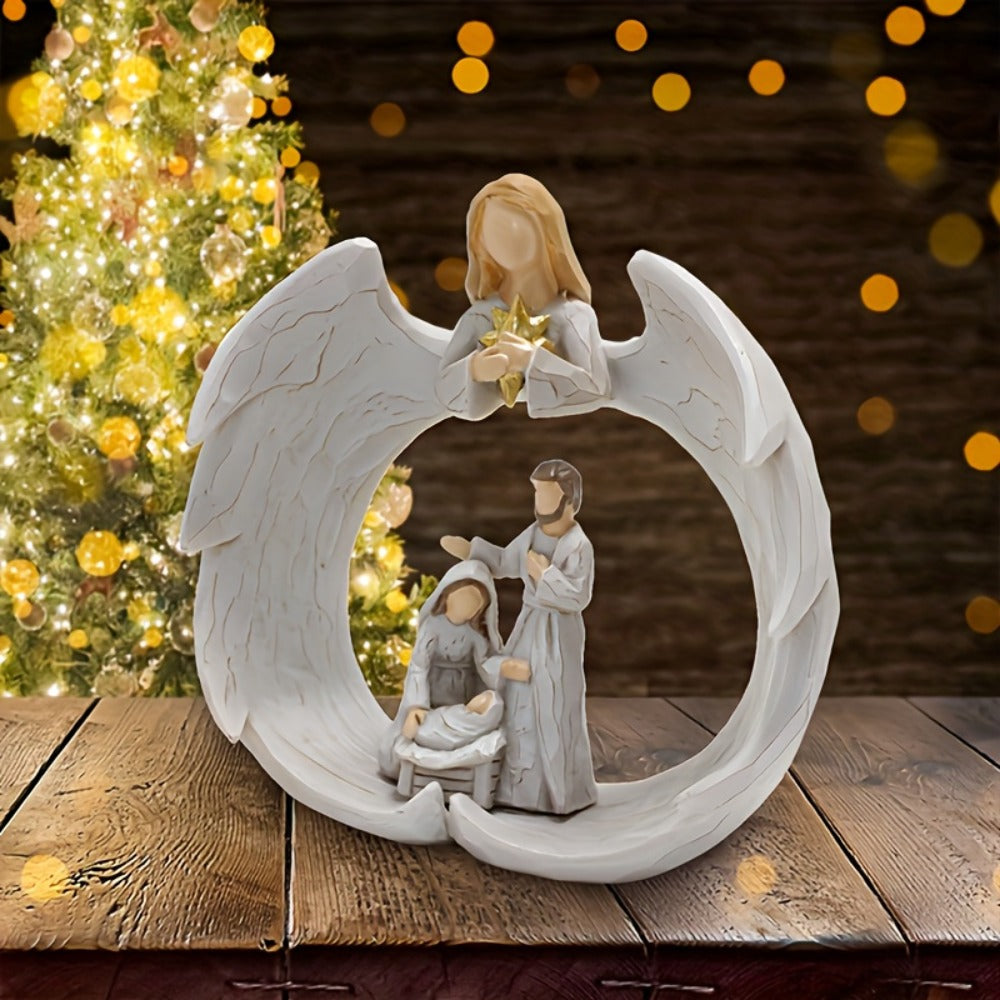 Nativity Scene Statue - Holy Family & Angel White Resin Figurine, Beautifully Crafted Religious Decor for Christmas