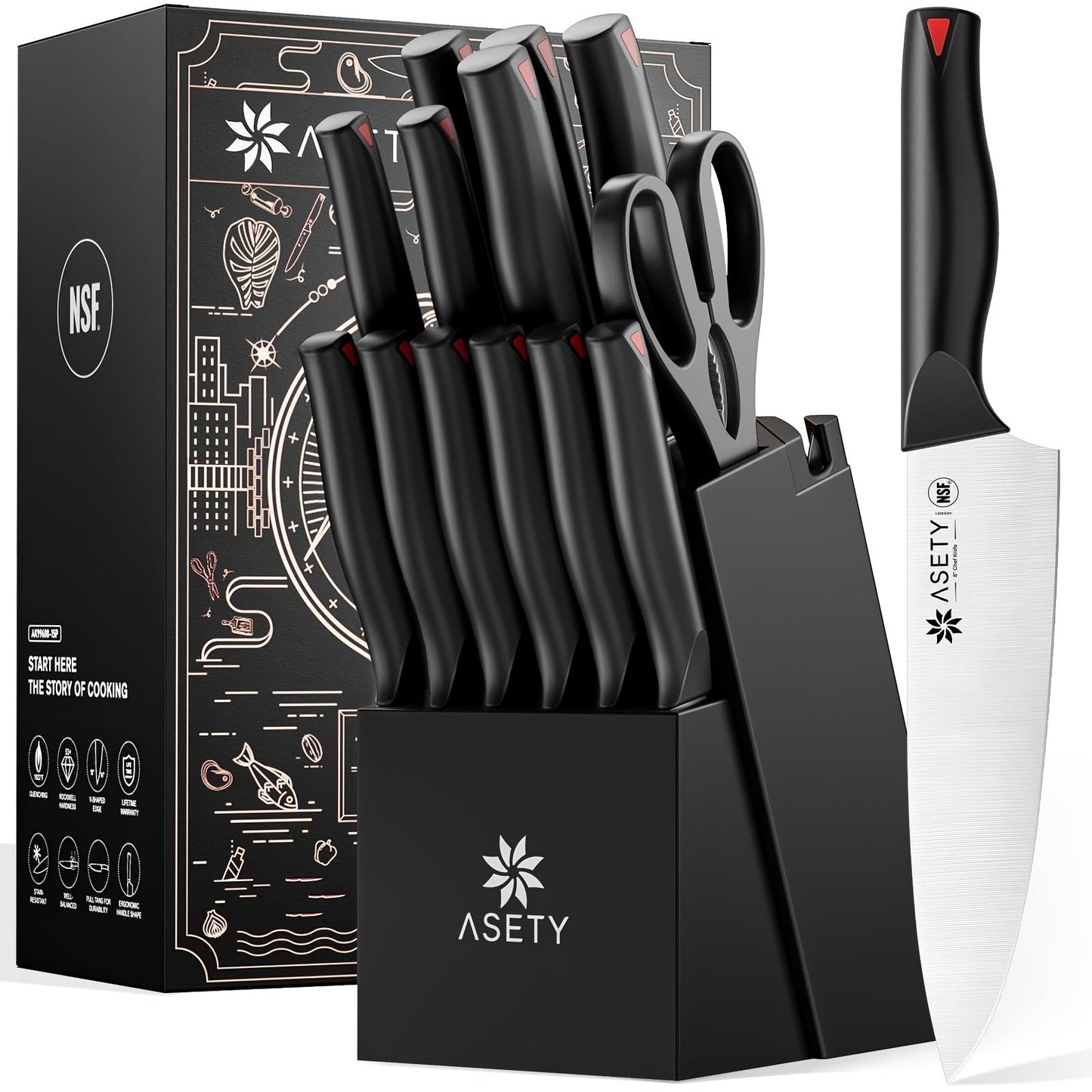 Kitchen Knife Set by ASETY, 15-Piece Stainless Steel Block Set with PP Handles in Two Finish Options