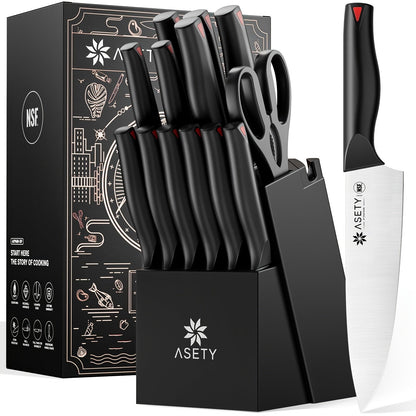 Kitchen Knife Set by ASETY, 15-Piece Stainless Steel Block Set with PP Handles in Two Finish Options