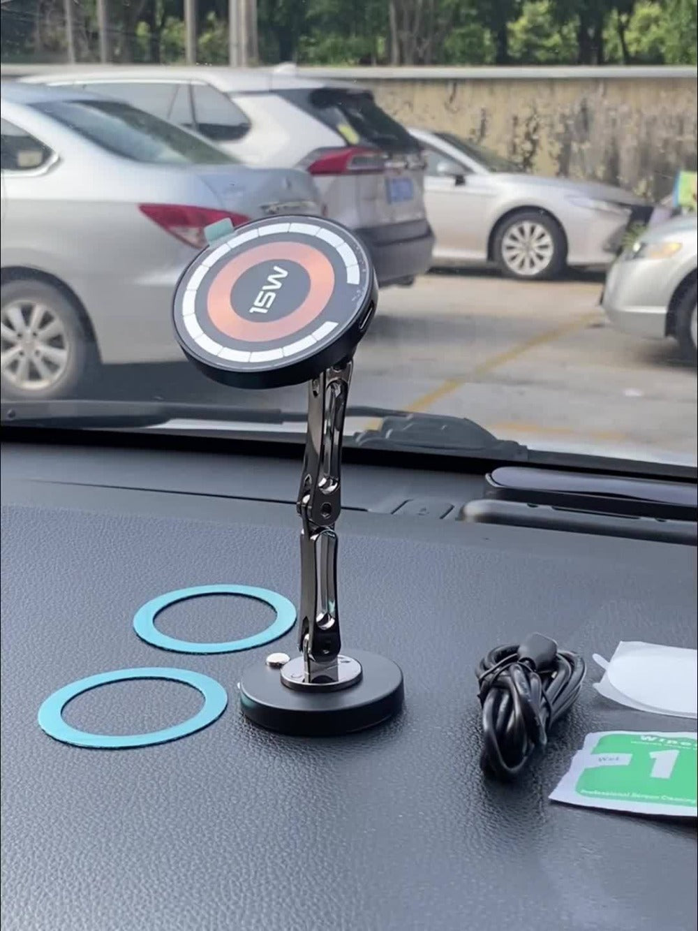 Magnetic Wireless Charging Car Mount with 15W Label, Folding Arm, 360-Degree Rotation and Black Finish