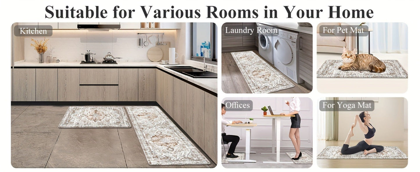 Kitchen Mat Set, 2-Piece Boho Distressed Cushioned Rugs in Five Color Patterns with 17.3x28 and 17.3x48-Inch Sizes