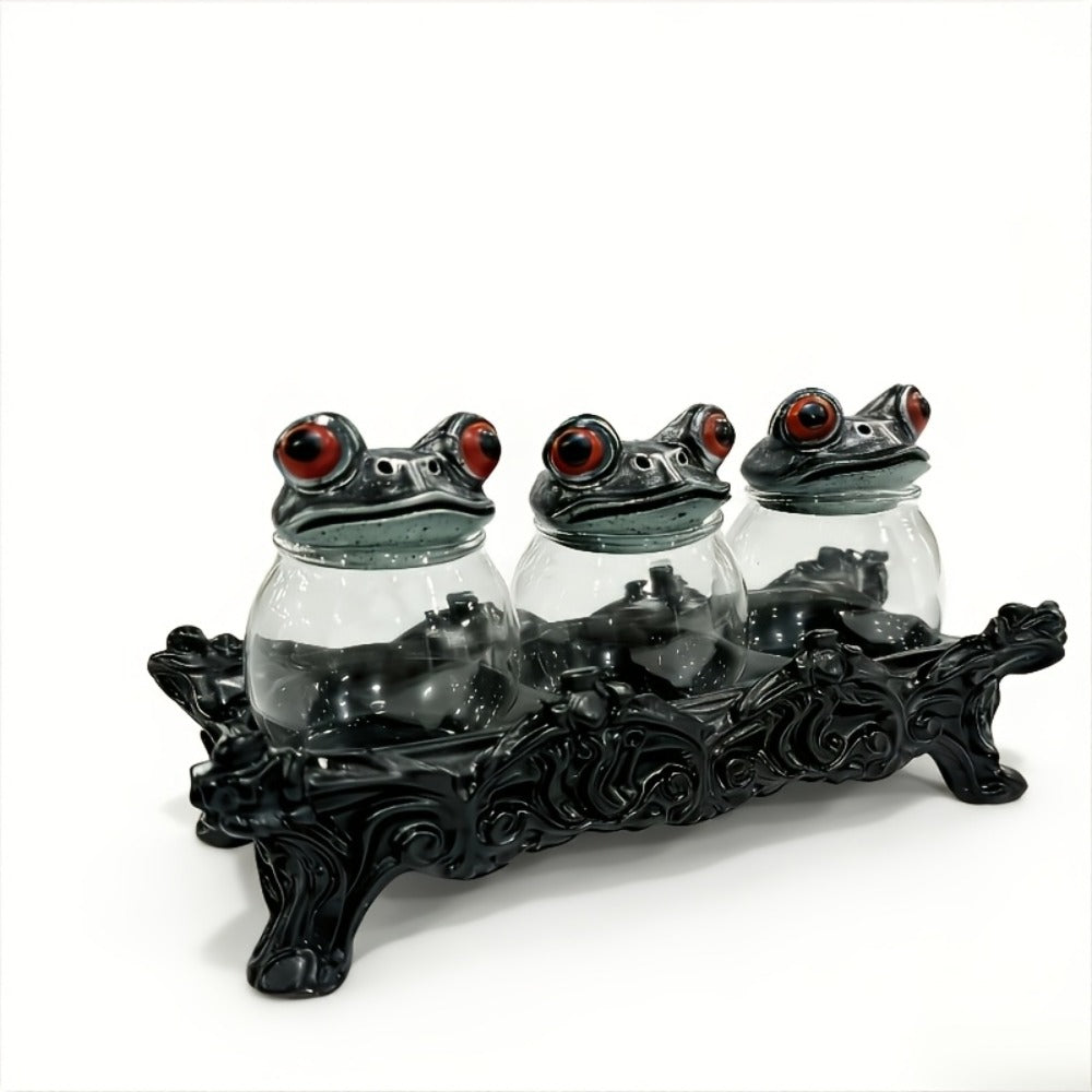 Gothic Witch Frog Spice Jars Set of 3 with Engraved Bases & Spoon, Vintage Pharmacist Jars with Frog Lids for Dark Kitchen Decor