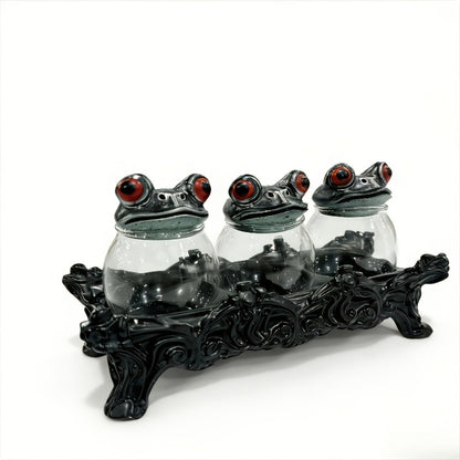 Gothic Witch Frog Spice Jars Set of 3 with Engraved Bases & Spoon, Vintage Pharmacist Jars with Frog Lids for Dark Kitchen Decor
