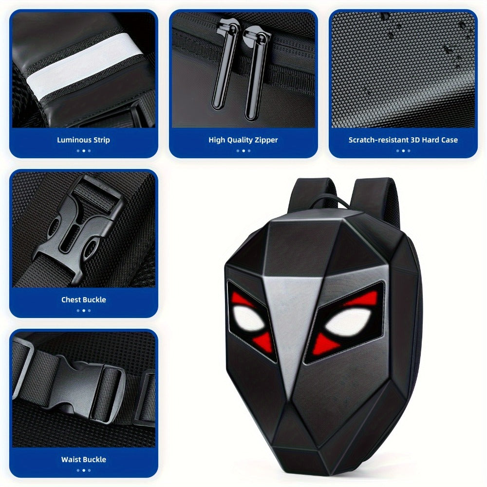 LED Motorcycle Backpack with Display Screen, Hard Shell Helmet Bag, USB Charging Port, 48x48 Dot Matrix Smart Riding Backpack