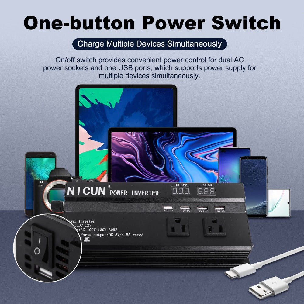 Portable 12V DC to 110V AC Power Inverter with LCD Display, Cooling Fan and 6600W Checkout Label
