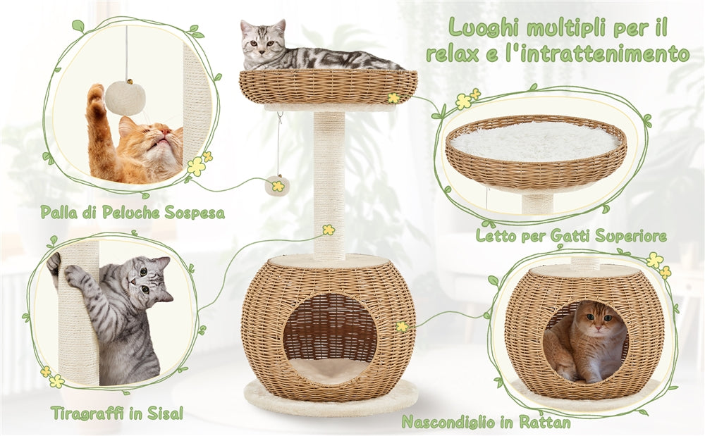 Cat Tree 29.5 Inch Rattan Cat House with Natural Sisal Scratching Post – Woven Cat Condo, Soft Cushion Perch, Hanging Bell Toy