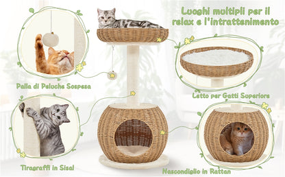 Cat Tree 29.5 Inch Rattan Cat House with Natural Sisal Scratching Post – Woven Cat Condo, Soft Cushion Perch, Hanging Bell Toy