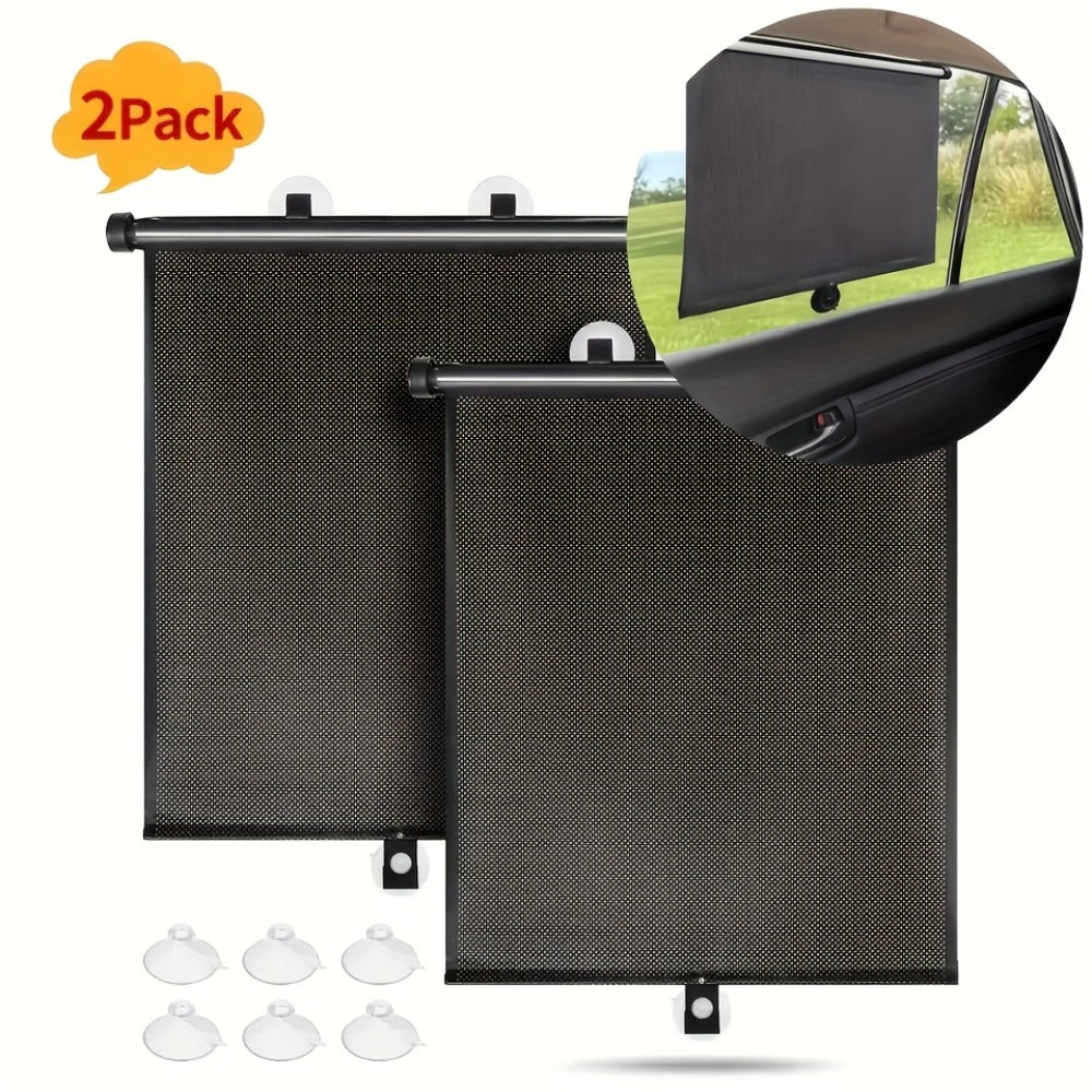 Car Window Curtains 2pcs Retractable PVC Side Window Shades One-Click Storage UV Block Anti-Glare Heat Shield Easy Install Suction Cup Hook