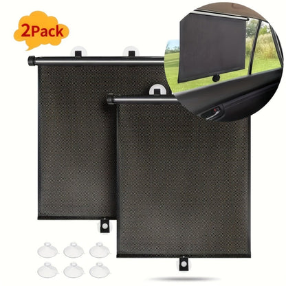 Car Window Curtains 2pcs Retractable PVC Side Window Shades One-Click Storage UV Block Anti-Glare Heat Shield Easy Install Suction Cup Hook