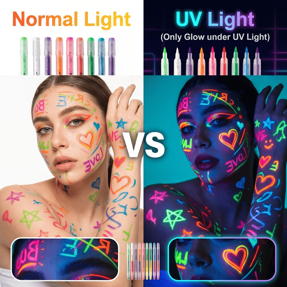 Face Body Paint Pens 18 Colors with Reusable Stencils, Washable Neon Glow in the Dark Skin-Safe Makeup Pens