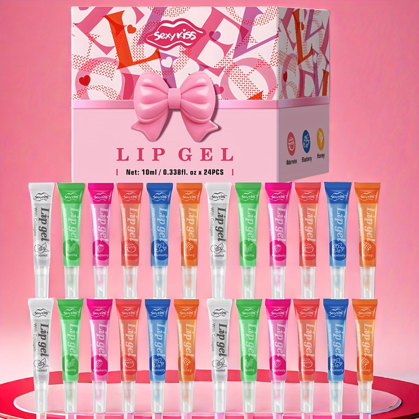 Lip Balm 24-Piece Glossy Lip Gel Collection with Assorted Fruit Labels and Pink Gift Box Packaging
