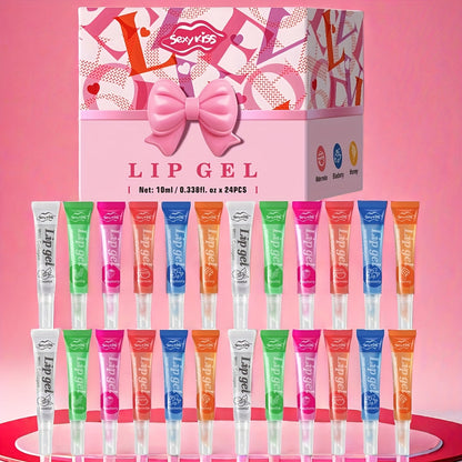 Lip Balm 24-Piece Glossy Lip Gel Collection with Assorted Fruit Labels and Pink Gift Box Packaging