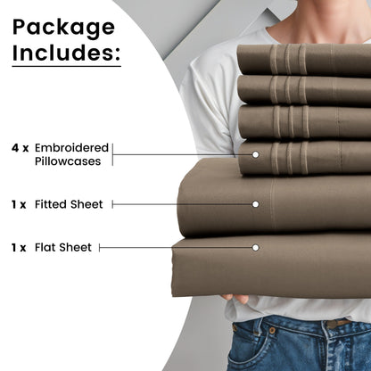 Fitted Sheet Set 6-Piece Brushed Polyester Deep Pocket Bed Sheets 20 Colors Hotel Luxury Bedding with Embroidered Pillowcases