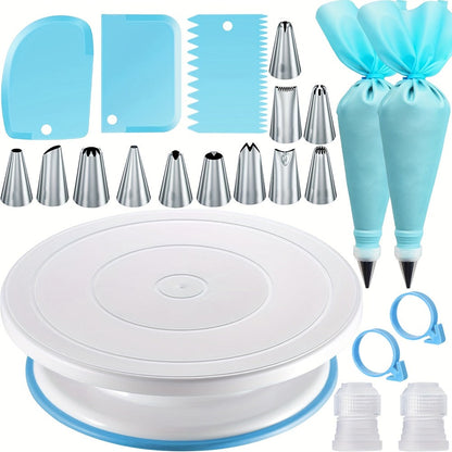 Cake Decorating Set 22-Piece with Rotating Turntable Stand, Stainless Steel Piping Tips, Pastry Bags
