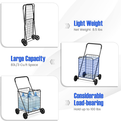 Rolling Shopping Cart Metal Basket, Foldable Grocery Utility Cart with Foam Handle Large Wheels 22 Gal for Supermarket Laundry Warehouse