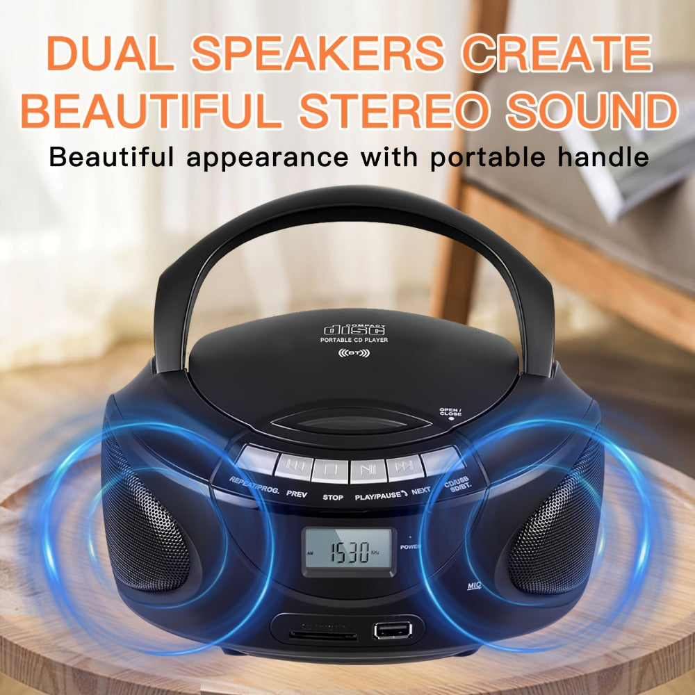 Portable CD Player Boombox with AM FM Radio Dual Stereo Speakers, Aux Input USB TF Card MP3 Player