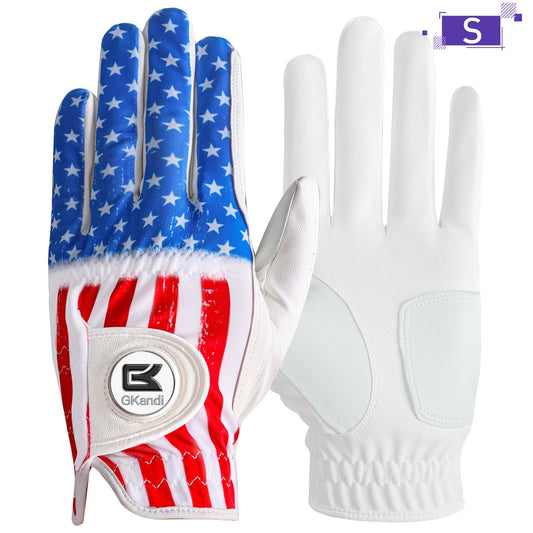 Men's Golf Glove Left Hand with Ball Marker – Breathable All Weather Grip, Hook & Loop Closure, Sizes S M ML L XL, USA Flag, Blue & White