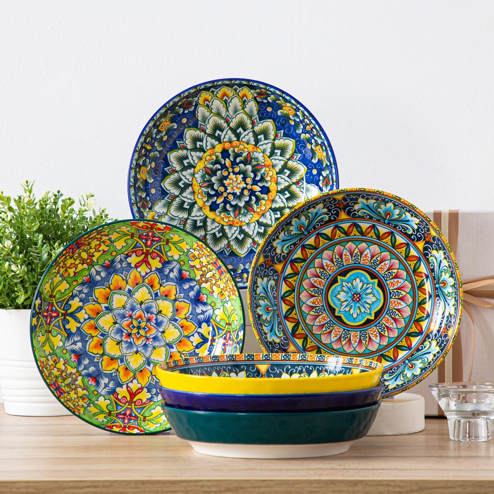 Bohemian Pasta Bowls Set of 6, 32 Oz Porcelain, Floral Pattern, Microwave &, VANCASSO for Entryways, Bedrooms and Living Spaces