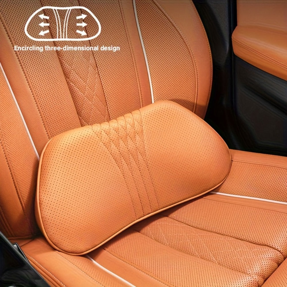 Car Neck Pillow Nappa Leather Headrest – Memory Foam Lumbar Support with Embroidery, All-Season Universal Car Interior Accessory