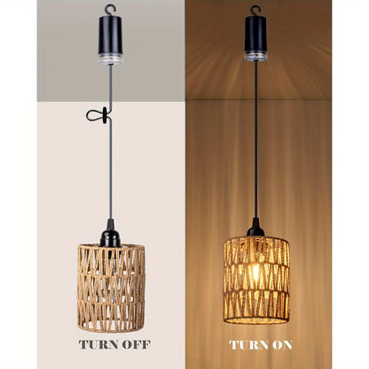 Battery Operated Pendant Light Rattan Boho Chandelier Hanging Light Warm White Bulb Wireless No-Wiring for Gazebo Pergola Porch Patio