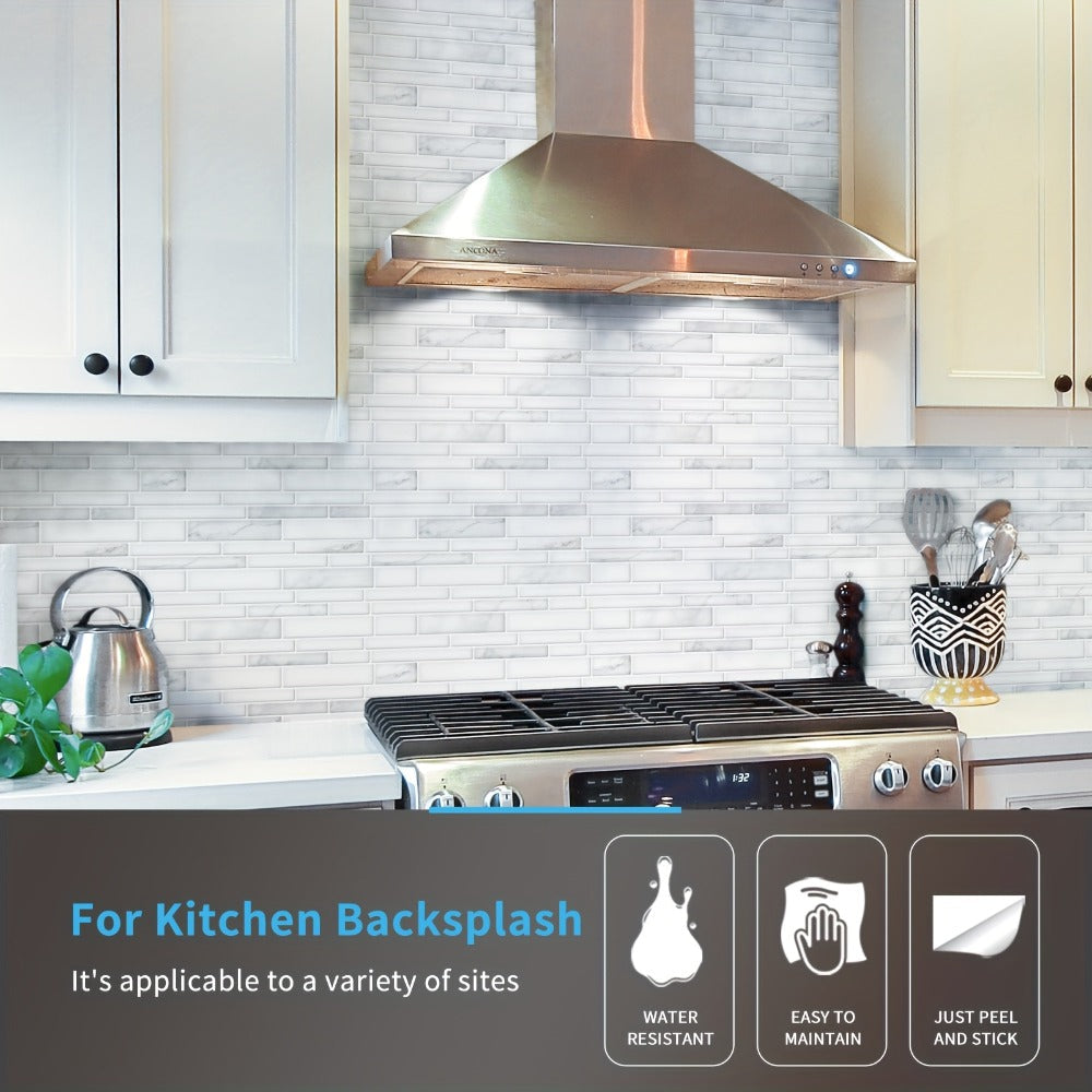 Ten-Sheet White Marble Subway-Pattern Peel-and-Stick Backsplash Wall Tile Set with 30 x 18 cm Panels