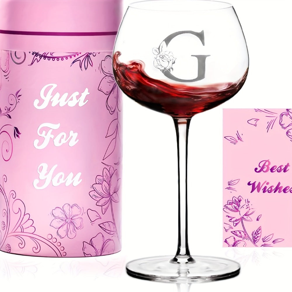 Personalized Wine Glass Gift for Women – A-Z Initial Letter Monogrammed Wine Glass with Gift Box & Greeting Card – Unique Birthday