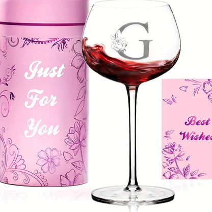 Personalized Wine Glass Gift for Women – A-Z Initial Letter Monogrammed Wine Glass with Gift Box & Greeting Card – Unique Birthday