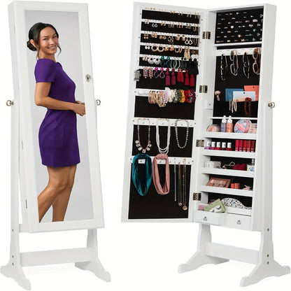 Jewelry Armoire Floor Standing 47.2" Full-Length Mirror Cabinet with 6 LED Lights Dual Lock