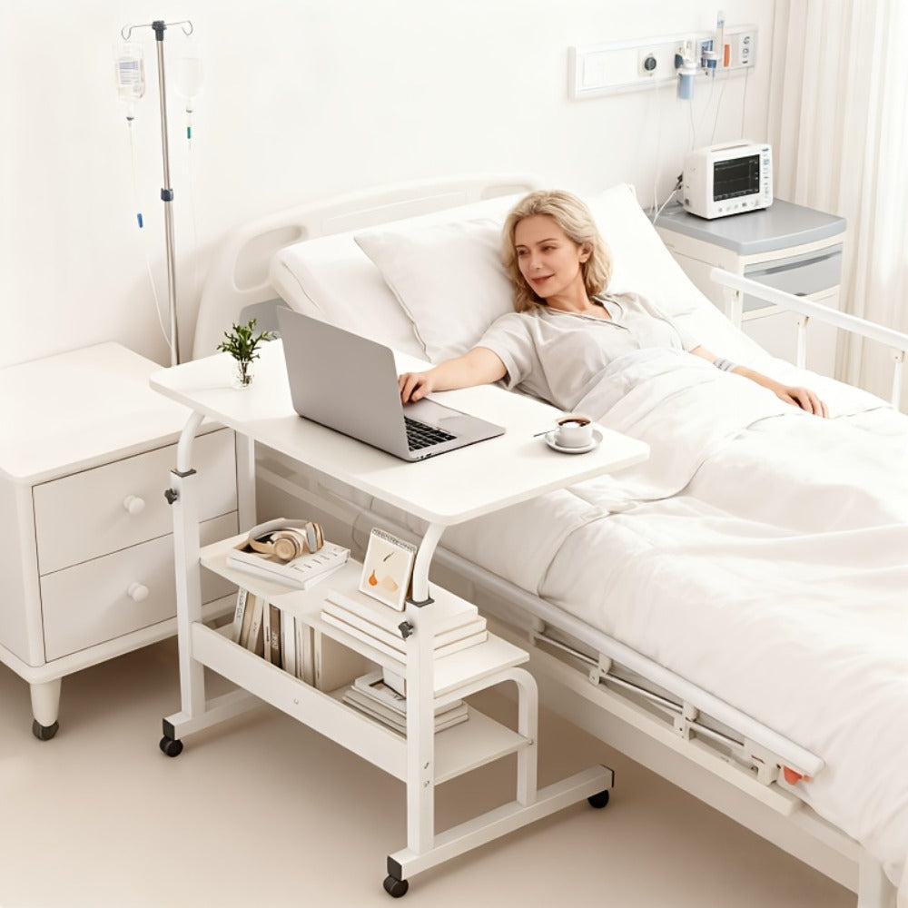 Adjustable Overbed Table with Rolling Shelf Frame and Six Color Checkout Options from Burlap to Deep Glacier