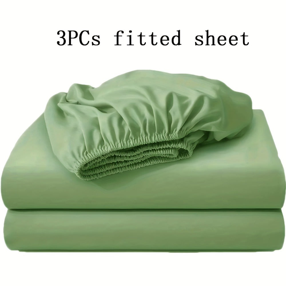 Three-Piece Solid-Color Fitted Sheet Set with Two Pillowcases, Nine Colors and Four Bed Sizes