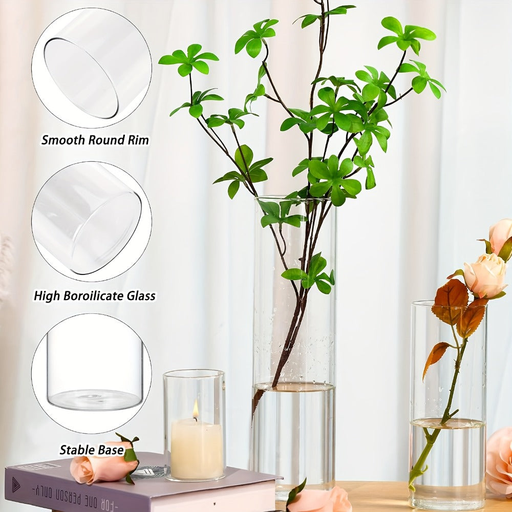 Clear Glass Cylinder Vases 24pcs Bulk Set – 4, 8, 12 Inch Tall Flower Vases for Centerpieces, Hurricane Floating Candle Holder for Wedding