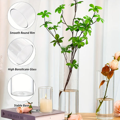 Clear Glass Cylinder Vases 24pcs Bulk Set – 4, 8, 12 Inch Tall Flower Vases for Centerpieces, Hurricane Floating Candle Holder for Wedding